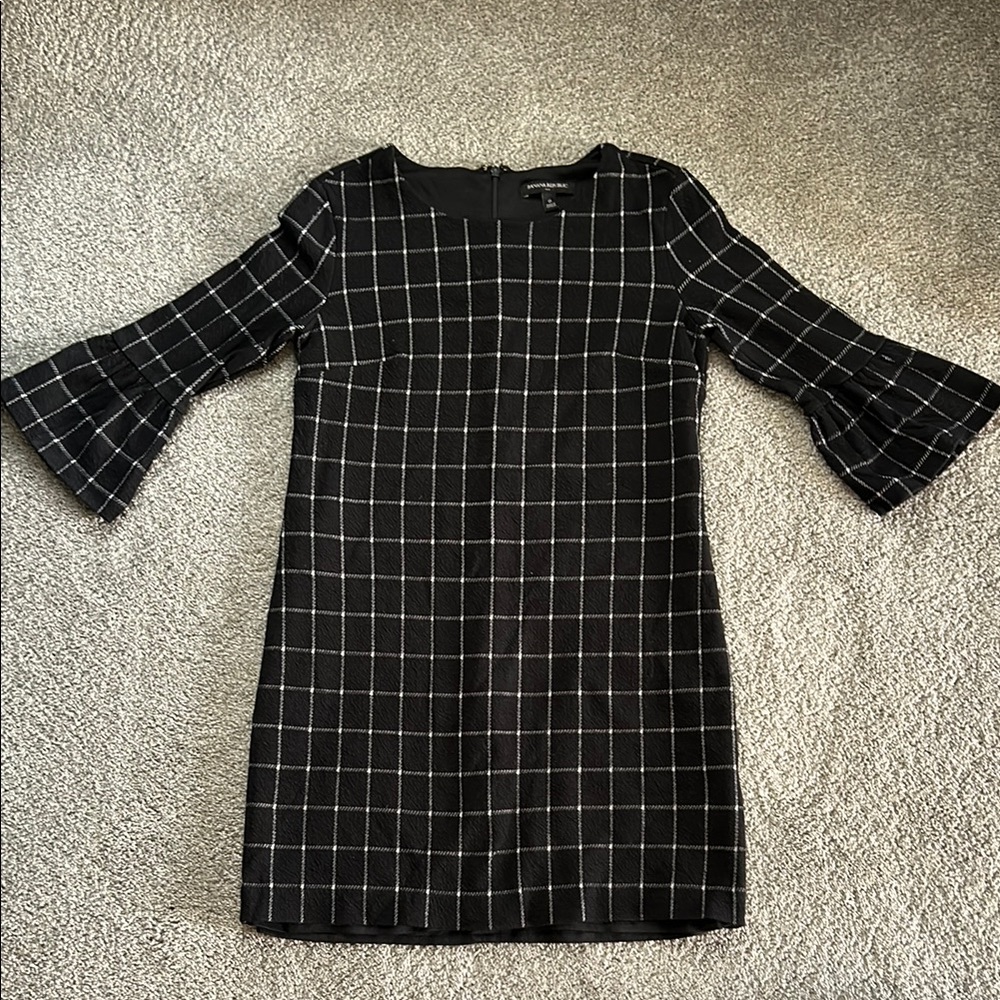 Banana Black Checkered Dress with Bell Sleeves